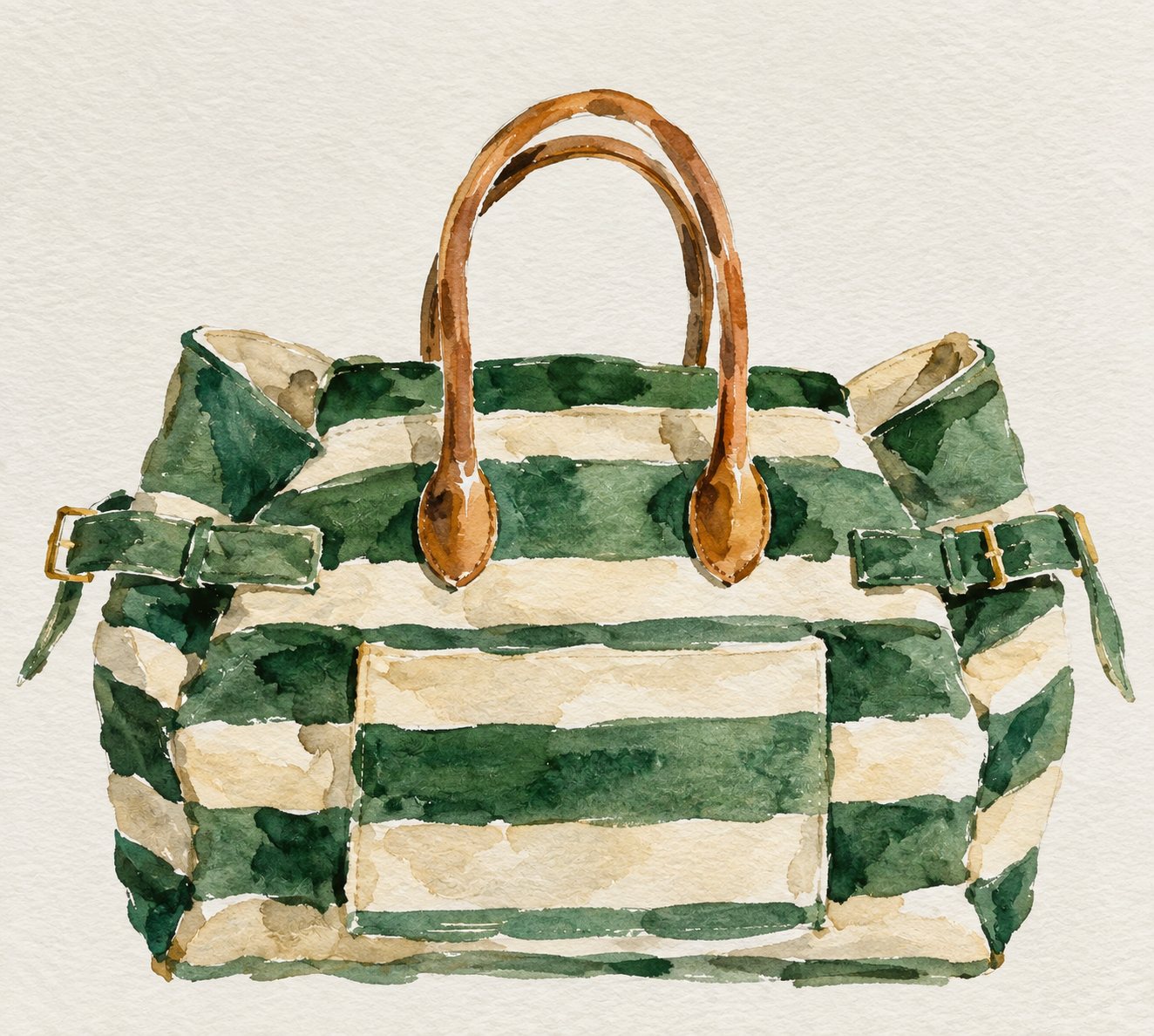 Watercolor painting of a green and cream striped canvas bag with cognac leather handles